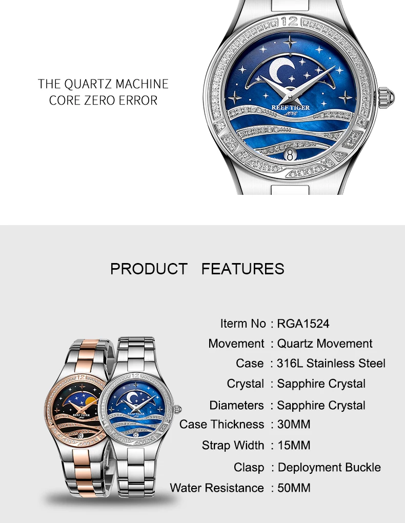 Reef Tiger/RT модные женские часы бриллианты полностью из нержавеющей стали Moon Phase часы водонепроницаемые RGA1524