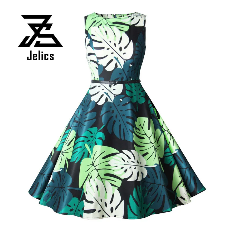 

Jelics 2018 summer sleeveless women a-line dresses printed sashes midi costume casual dress woman vestidos