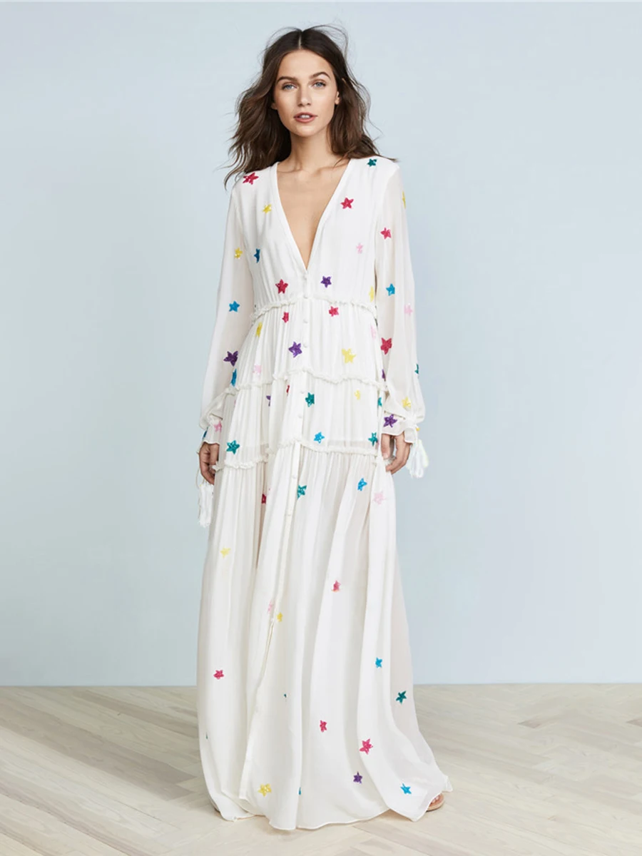 

Boho Star Embroidery Maxi Dress 2020 Women Long Sleeve Vneck Black White Chic Dress Laides Elegant Beach Hippie Retro Long Dress