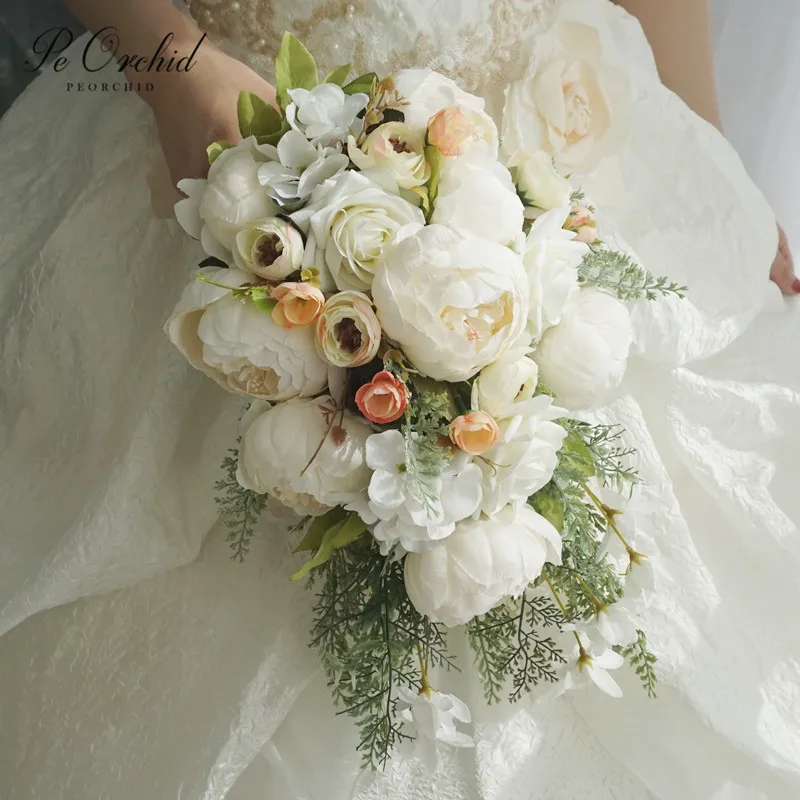 

PEORCHID Artificial Bridal Bouquet Waterfall Style Peony Bouquet Green Leaves Teardrop Wedding Bride Hand Holding Flower