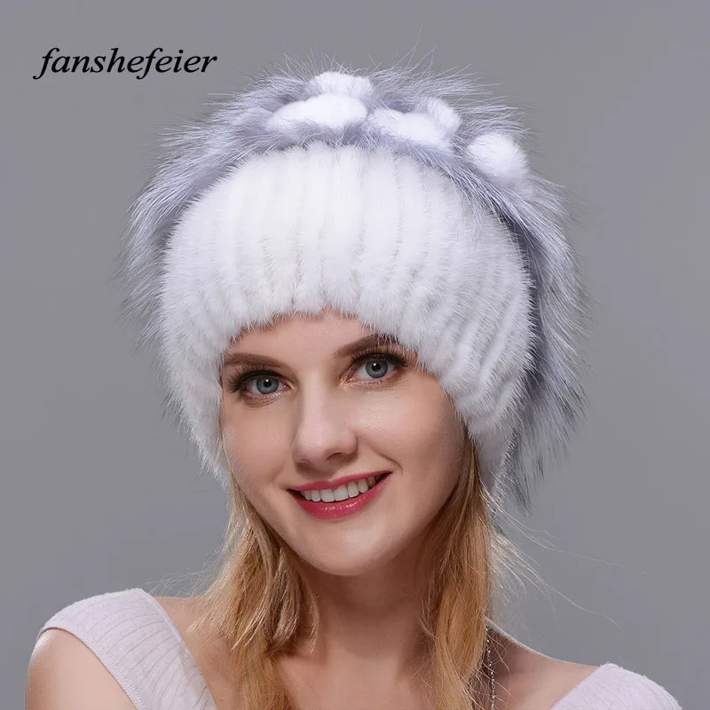 colour04 Fanshefeier, женские вязаные шапки, достаточно теплая меховая шапка, женская зимняя норковая шапка из натурального кроличьего меха, шапки из меха серебристой лисы - Цвет: colour04