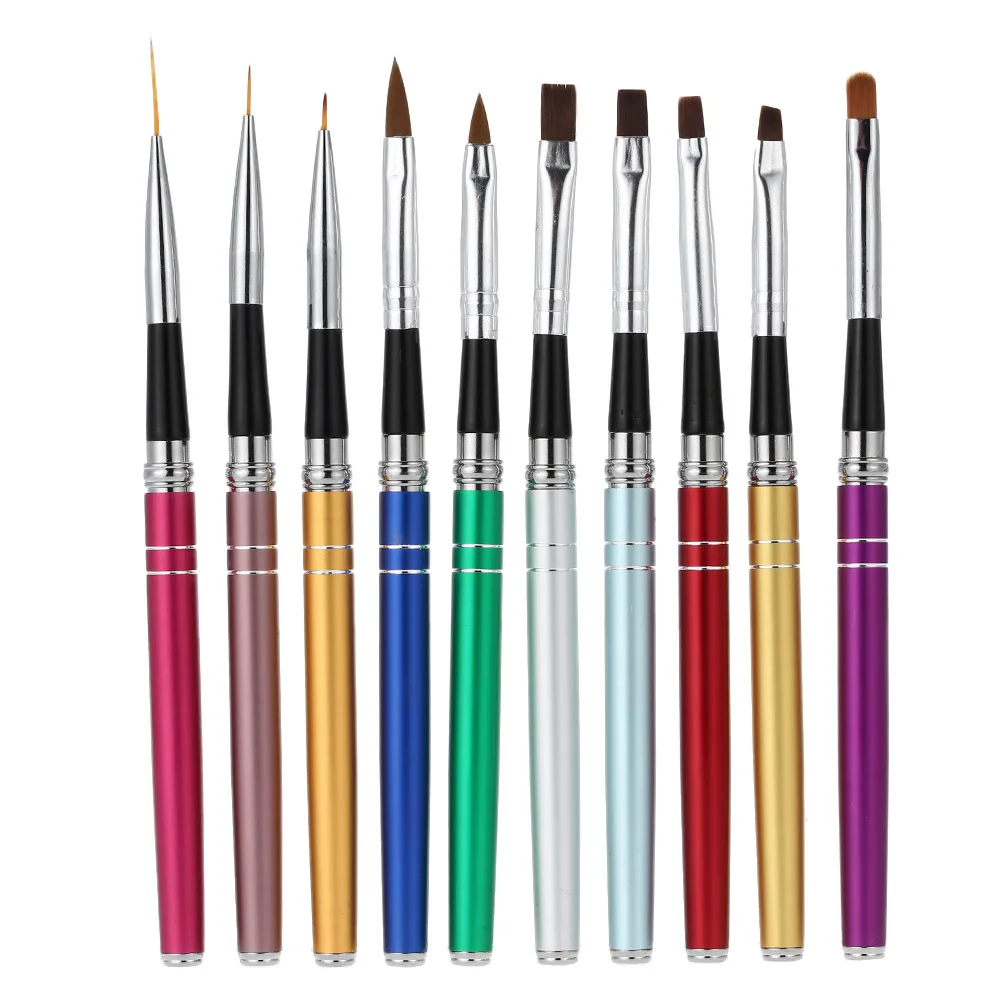 

10pcs/set Nail Art Brush Pen Detachable Metal Handle Crystal Carving Polish Gel UV Painting Drawing Liner Tips Nail Brush Tools