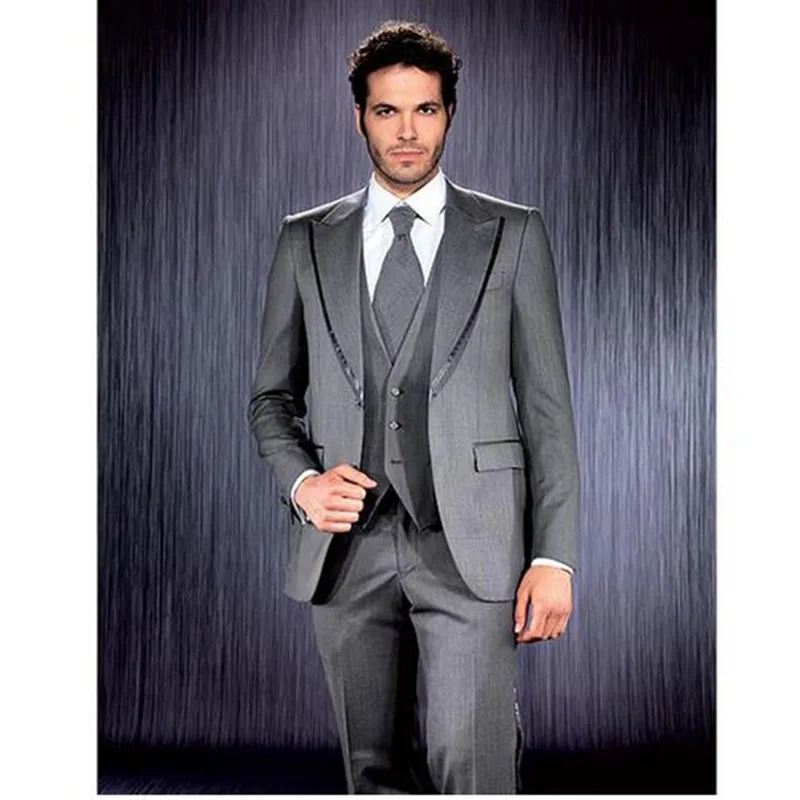 

New Grey Wedding Suits For Men Custom Made Peaked Lapel Groom Tuxedo Groomsman Mens Suit For Wedding (jacket+Vest+pants)