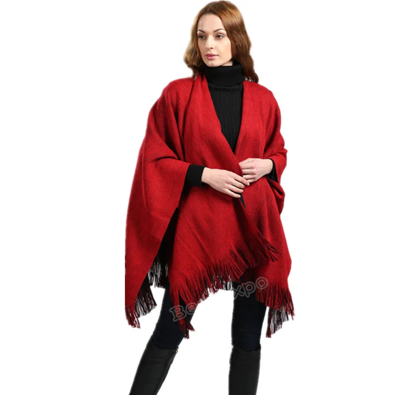 

Reversible Womens Tassels Decor Clock Solid Casual Cape Long Thick Scarves Tops