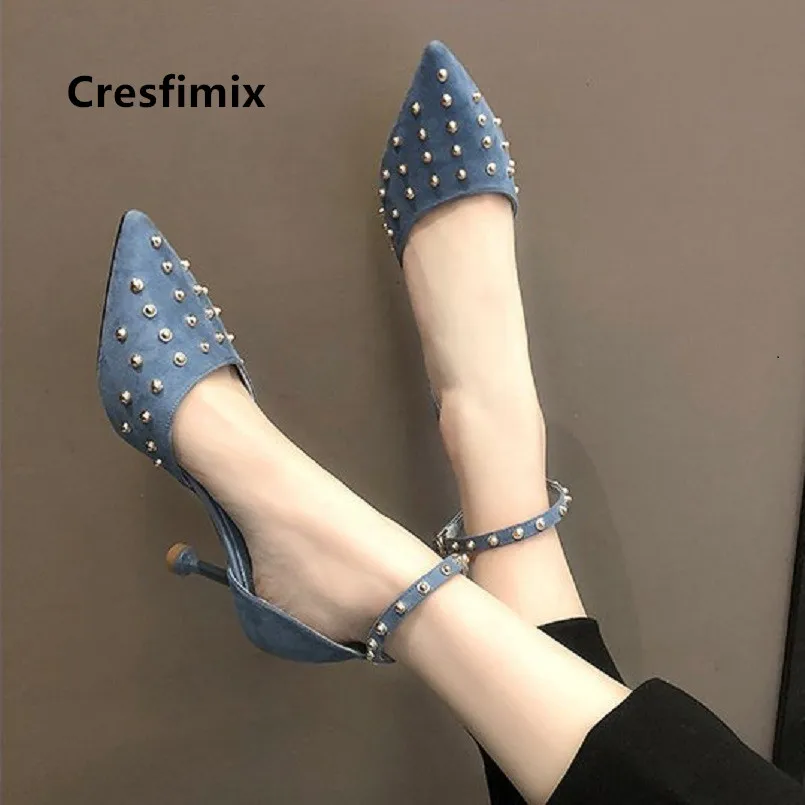 Туфли Cresfimix женские с заклепками удобная обувь на высоком каблуке синими