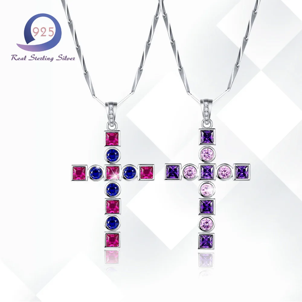 

Merthus Women 925 Sterling Silver Necklace colorful Cross Pendant Necklace Engagement Wedding Gift