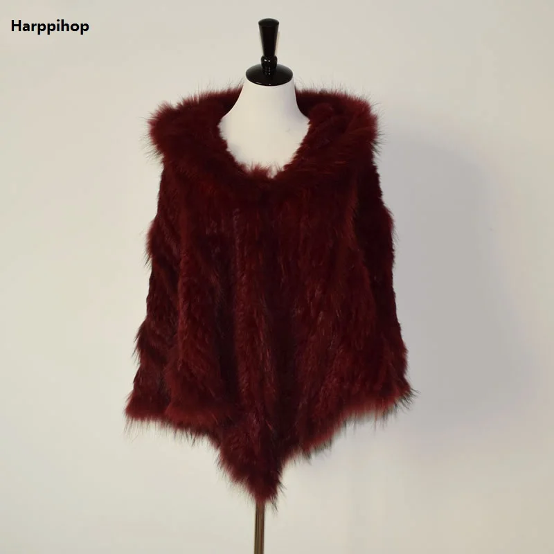 Harppihop Новый Модный женский натуральный вязаный из меха кролика пончо енота