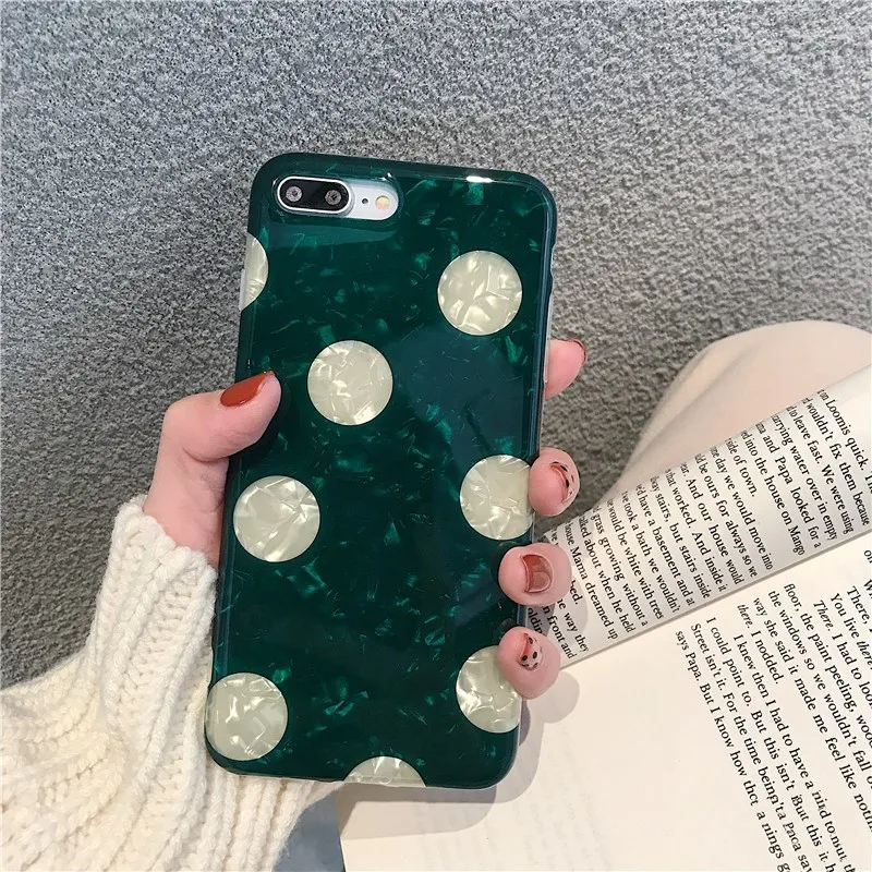 Wixcen Green Fresh Polka Dots Phone Case Glitter Shell Silicon for Iphone 6s 7plus 8 Xs Max Xr X Floral Soft Back Cover | Мобильные