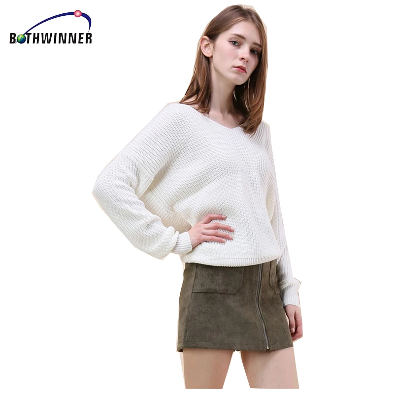 Bothwinner V Neck Twisted Back Sweater Women Jumpers Pullovers Long Sleeve Knitted Sweaters Pull Femme | Женская одежда