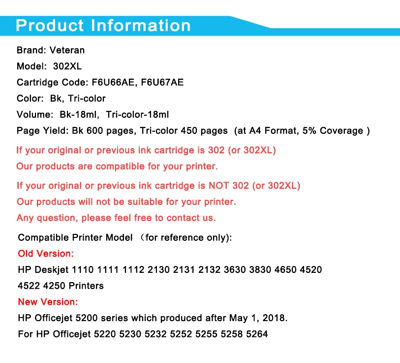 Ветеран 302XL картридж для hp 302 XL hp 302 чернильный картридж с чернилами hp Deskjet 1110 2130 1112 3630 4520 4250 3830 5220 5230 5232 принтер