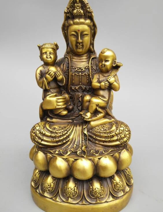 Изысканный Буддизм резьба Чистая латунь Гуаньинь bodhisattva hug статуя Младенца