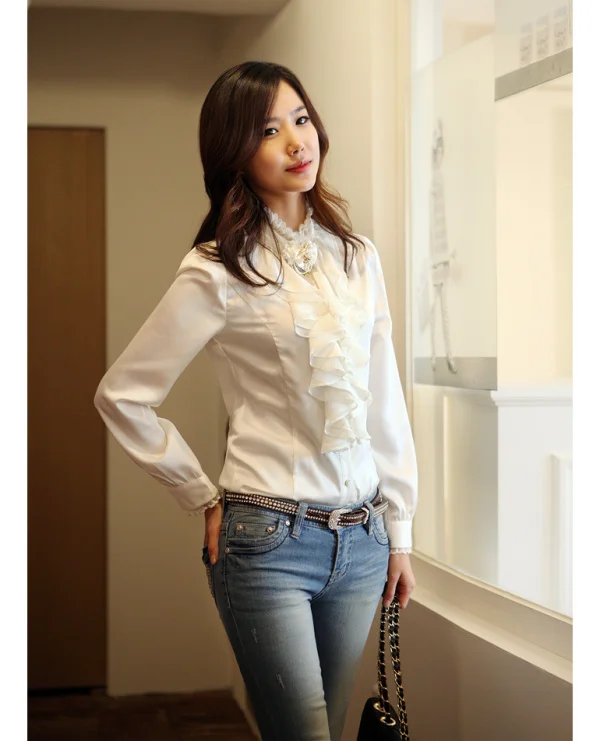

Women High Quality Lace Stand Collar Puff Long Sleeve Ruffles Collar Satin Blouse Ladies OL Slim Blouse Free Shipping