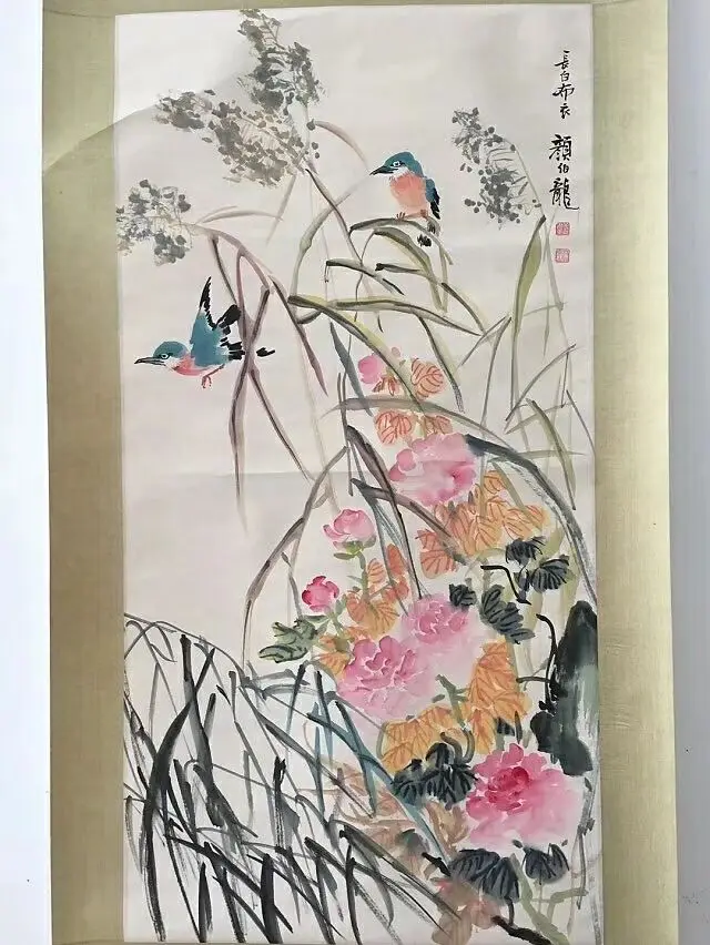 New Antiques Calligraphy Painting Famous Paintings Yan Bolong Birds and Figure Mounted | Дом и сад