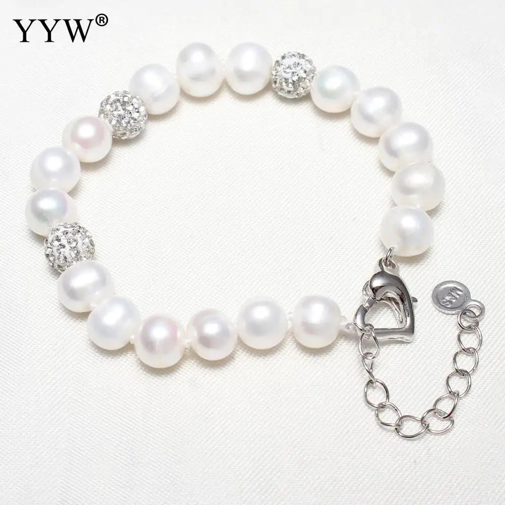 

Freshwater Cultured Pearl Bracelet Rhinestone Beaded Bracelet For Woman 2019 Charm Silver Color Natural White Pearl Wristband