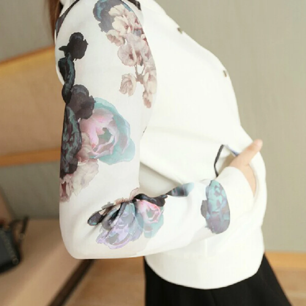 2016 Весна Осень Женщины Куртки Цветочные Куртка Puff Рукавом Бейсбол Воротник