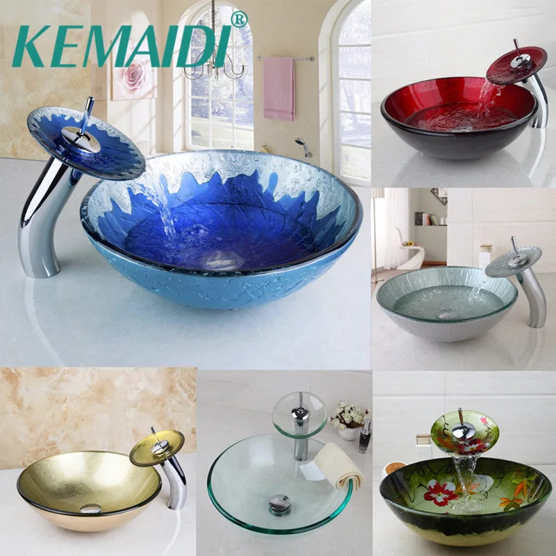 

KEMAIDI Bathroom Red Flora Tempered Glass Basin Sink Washbasin Washroom Basin Vessel Vanity Faucet Counter Top Mixer Tap Set