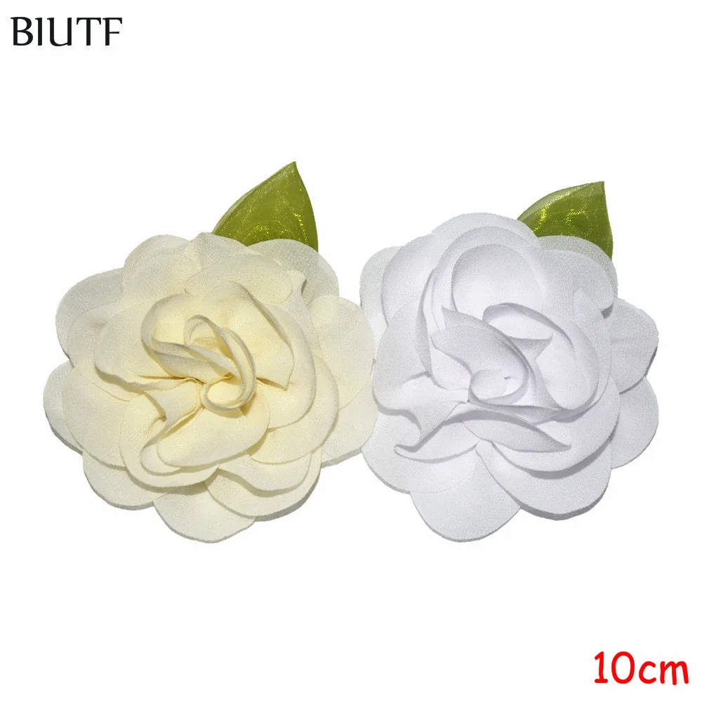25 шт./лот 10 см красивый большой Шифоновый Цветок с зеленым листом ручной работы DIY