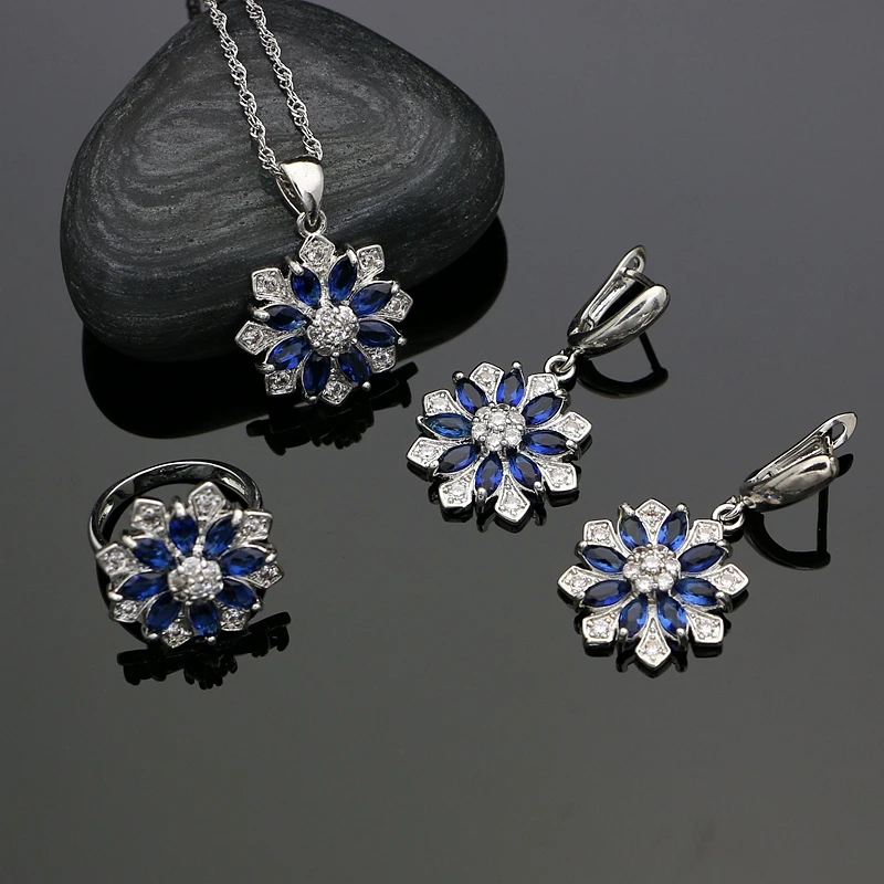 Очаровательный цветок синий кубический цирконий Стерлинговое Серебро 925 пробы