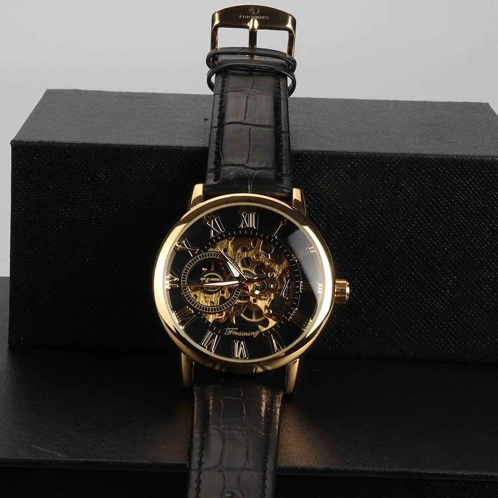 Мужские механические часы FORSINING с 3D логотипом гравировкой черным и золотым