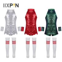 iixpin kids hip hop dance costume girls jazz street dance clothing cheerleading shiny sequins tops shorts wrist sleeves socks