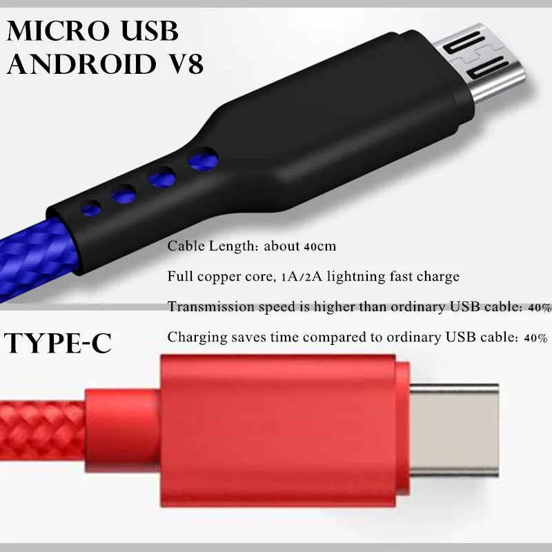 200 шт. Type C Micro USB Android V8 кабель для передачи данных нейлоновый переплетенный медный