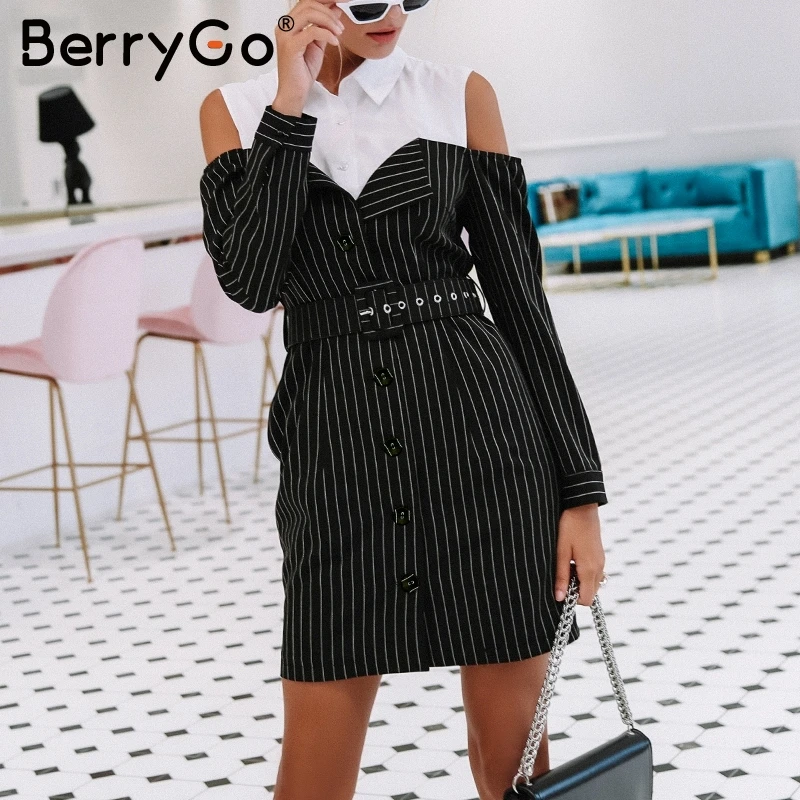 BerryGo офисные Короткие Блейзер Женщины платье в полоску Поддельные Комплект из