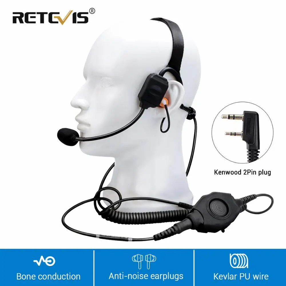 Retevis 2Pin K Plug Вибрация костной проводимости Walkie Talkie гарнитура с шумоподавлением