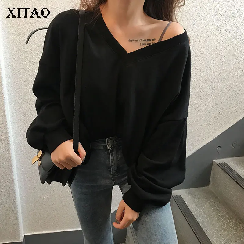 XITAO сексуальный топ с открытыми плечами черный свитер женская одежда 2019 V шеи