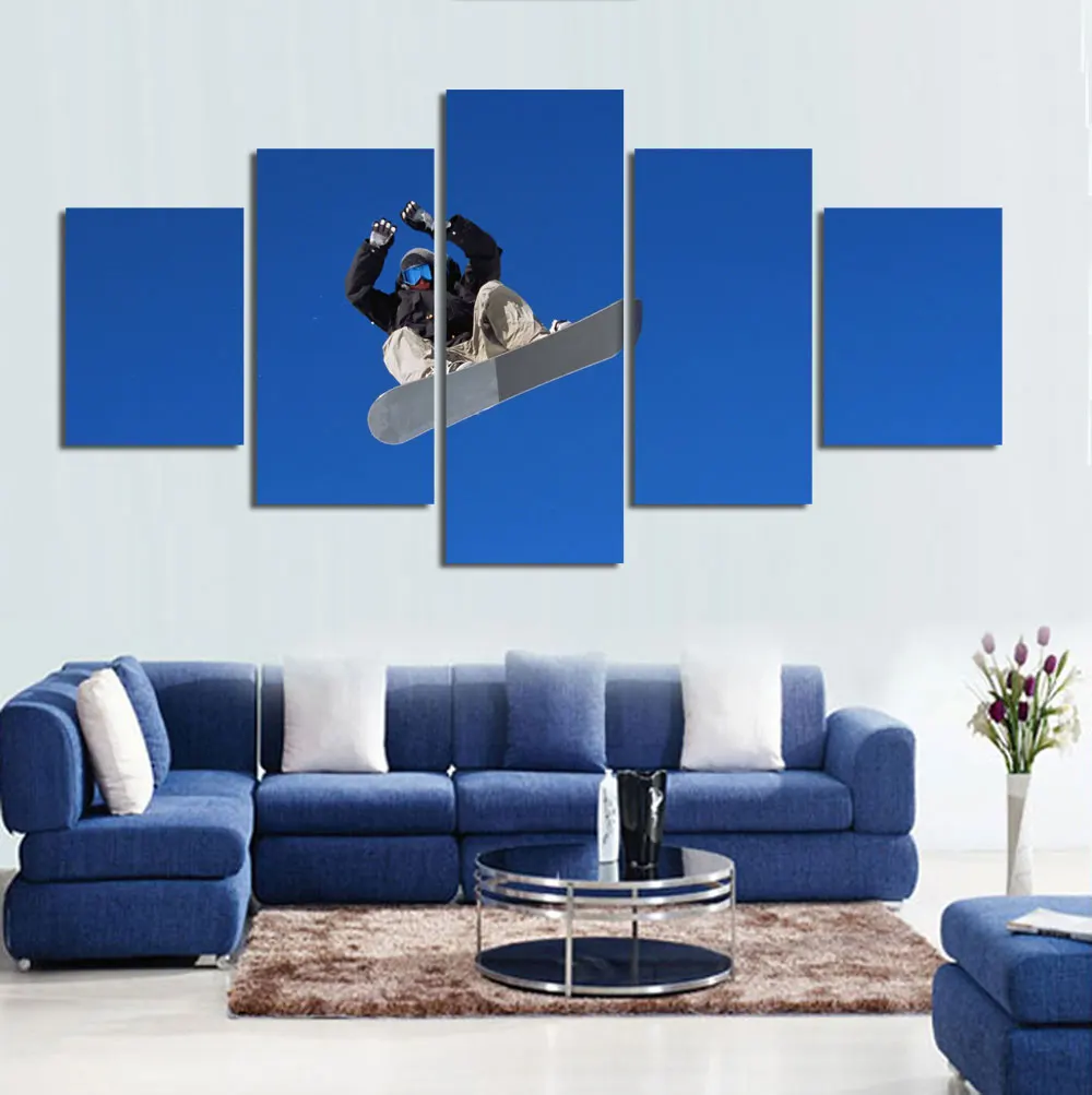 Набор из 5 картин для декорирования стены в домашней гостиной в современном стиле на тканевой основе с изображением экстремального видео на лыжах в заснеженном мире.
