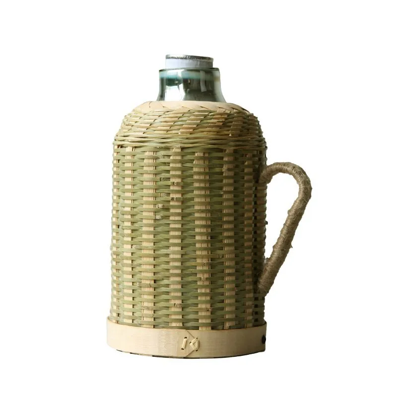 Handmade Bamboo Weaving Thermos Pot Bottle For Water With Cork Lid Cover And Handgrip Vacuum Flask Keep Warm Glass Inner Large