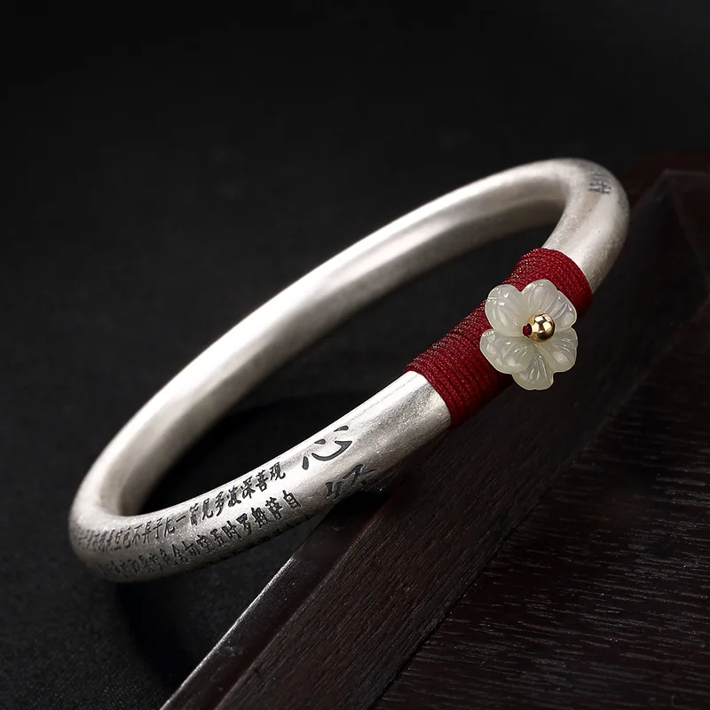 

Restoring Ancient Ways Ms Hetian Jade White Jade Plum Flower Heart Sutra Red Rope High-grade Bangle Bracelets Wholesale