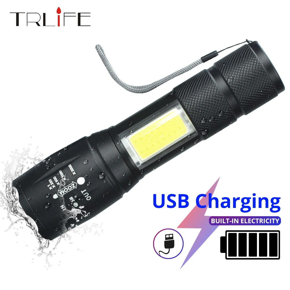 

Фонарик T6 L2, светодиодный, зарядка через USB, 4 режима, аккумулятор 2400 мАч