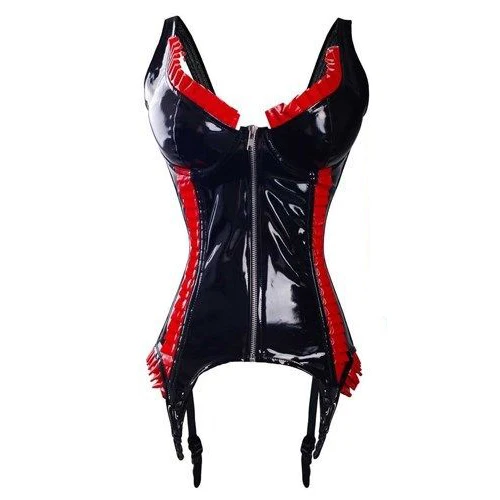 

Sexy Black Red Ruffles PVC Latex Corset Panty Thong Set New