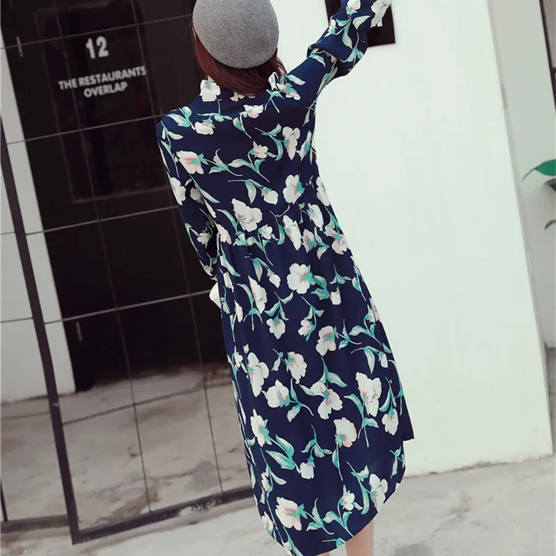 Женские платья YY572 с длинным рукавом и цветочным принтом отворотом бантом