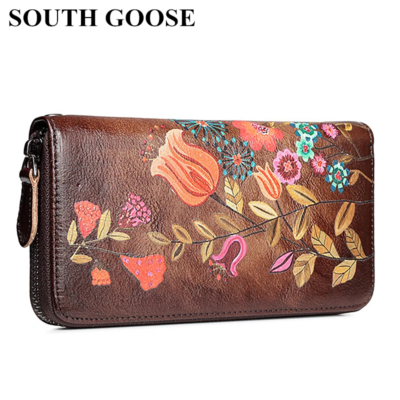 

SOUTH GOOSE Women's Wallet Genuine Leather Female Long Clutch Handy Bag Flower Embossing Vintage Cowhide Money Clips Cards Purse