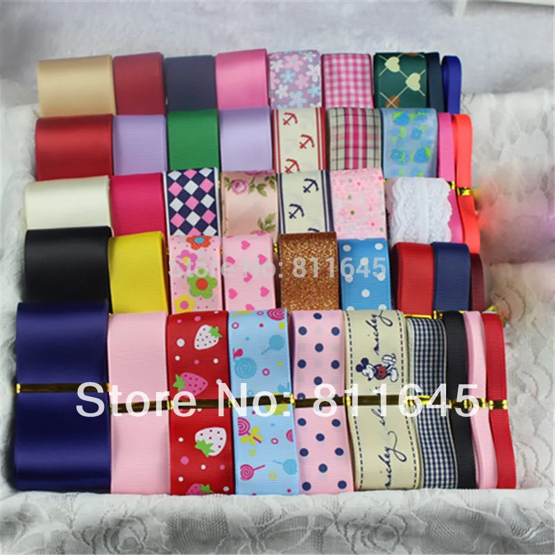 

Free Shipping 44 YDS Mixed 44 style satin / grosgrain / cotton lace ribbon cartoon ribbons set Hair Accessory material