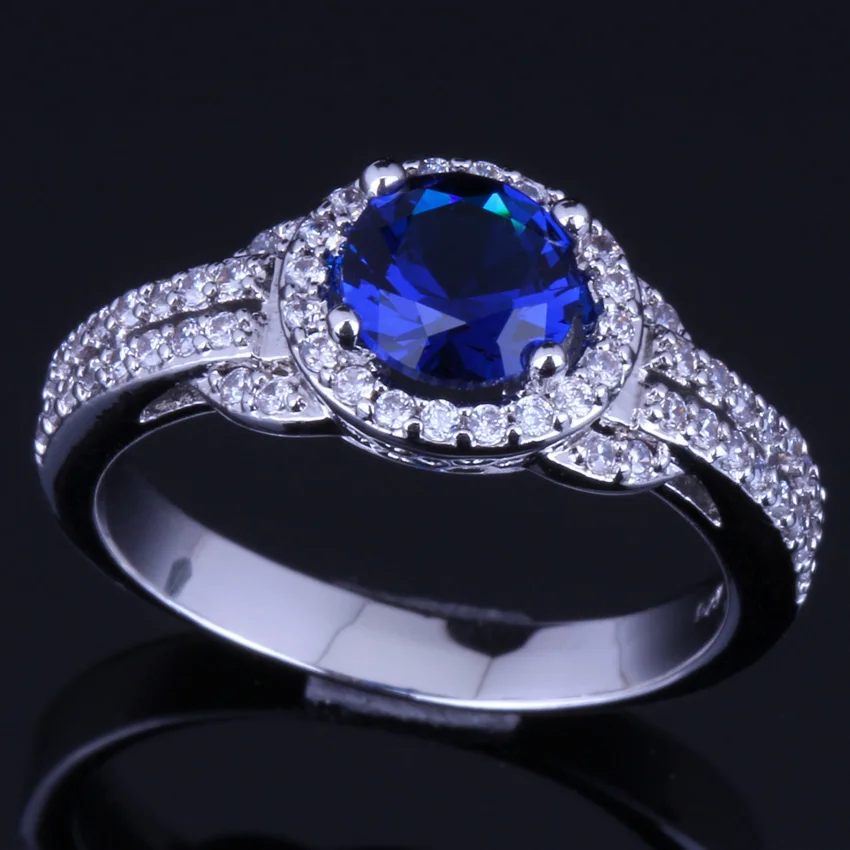 

Perfect Round Blue Cubic Zirconia White CZ Silver Plated Ring V0101