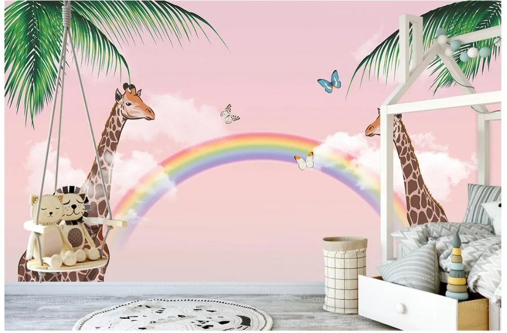 Custom 3d wallpaper for walls 3 d wall murals Cartoon Kids Wallpaper Giraffe Dream Rainbow Background Wall home decor | Обустройство