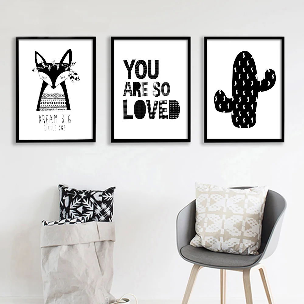 Black White Wall Art Canvas Painting Fox Cactus Animal Posters Nursery Prints Nordic Kids Decoration Pictures Baby Bedroom Decor | Дом и сад