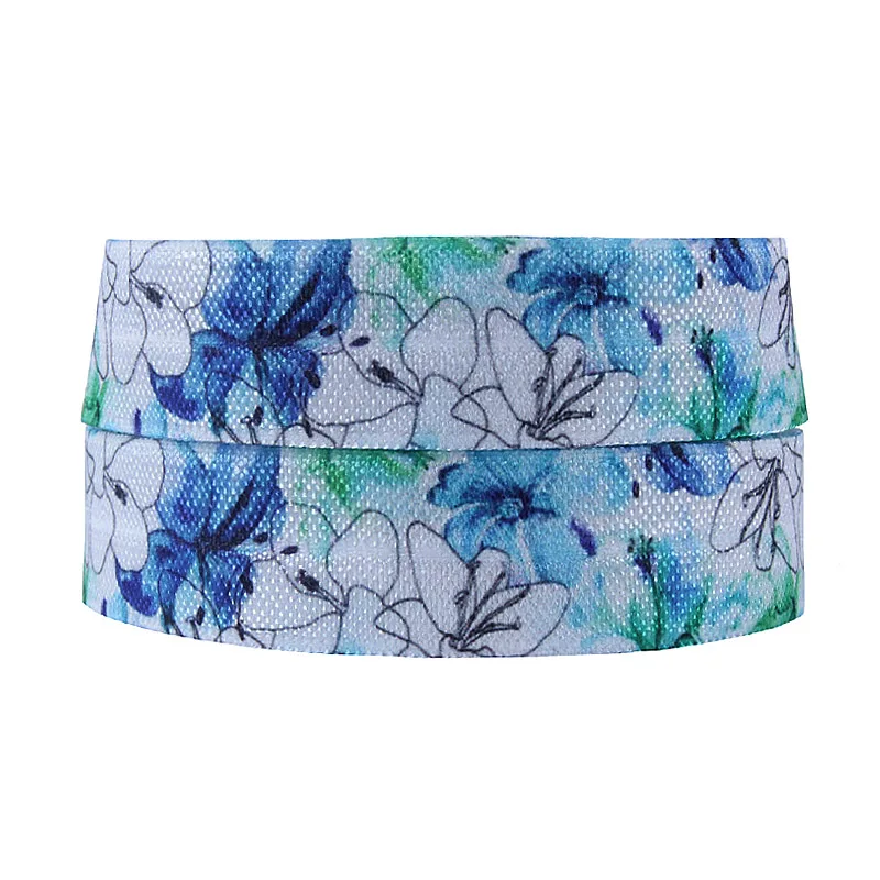 

(50 yards/lot) New arrival watercolor white and blue flower patterns foe fold over elastic ribbon roll