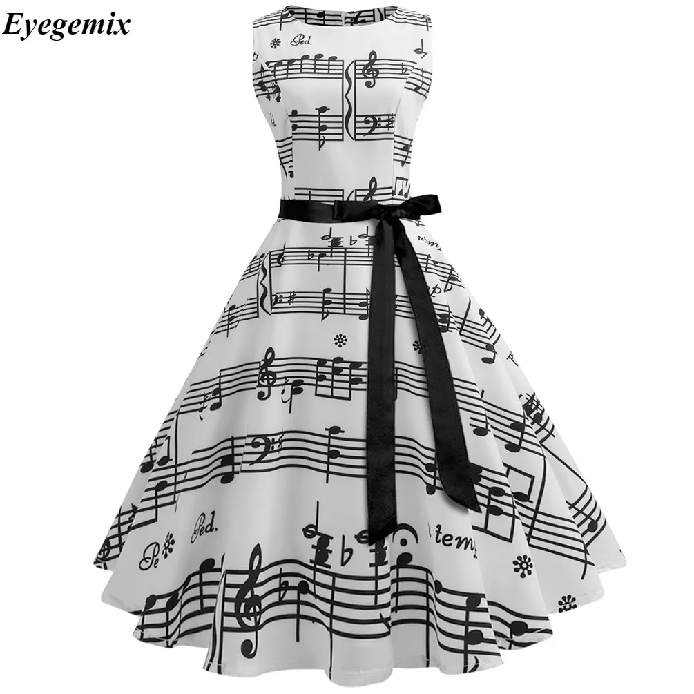 Фото Новый нот печати музыкальный для женщин Винтаж миди платье без рукавов с круглым