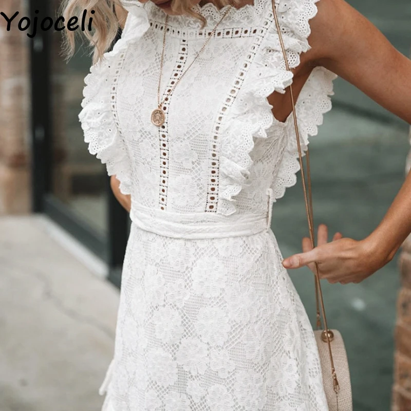Женское короткое Кружевное платье Yojoceli белое пляжное с поясом и цветочным