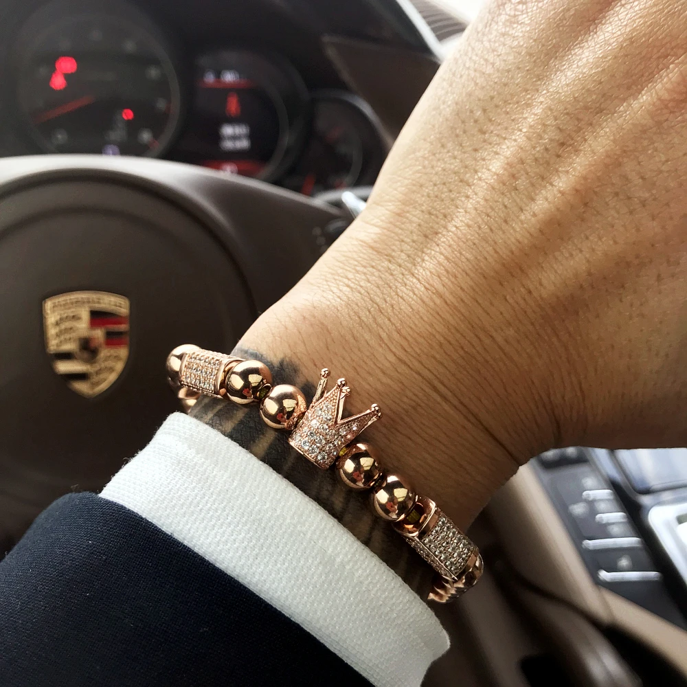 Men Bracelet/Rose Gold/Bracelets Pave Setting White CZ Ball Bracelet with 6mm 8mm Stainless Steel Bead Braided Luxury Jewelry | Украшения и