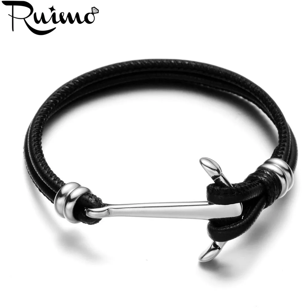 Модные мужские браслеты RUIMO из нержавеющей стали 316L подвески с якорем кожаный