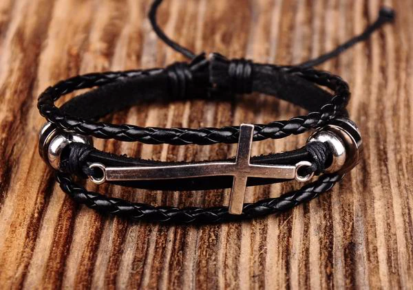 G376 черный стильный металлический крест кожаный браслет наручная повязка