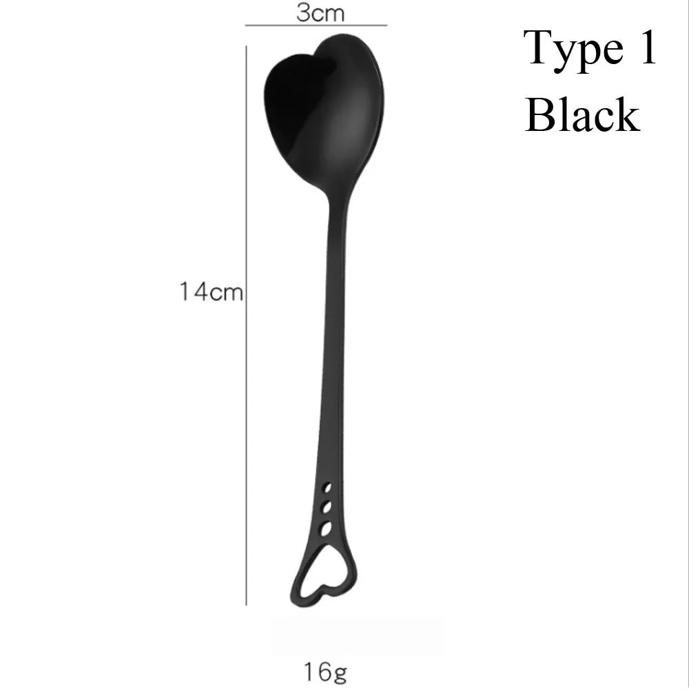 Type1 black Красочная кофейная ложка в форме сердца из нержавеющей стали, свадебная десертная чайная ложка, кухонные принадлежности, Роскошная Посуда - Цвет: Type1 black