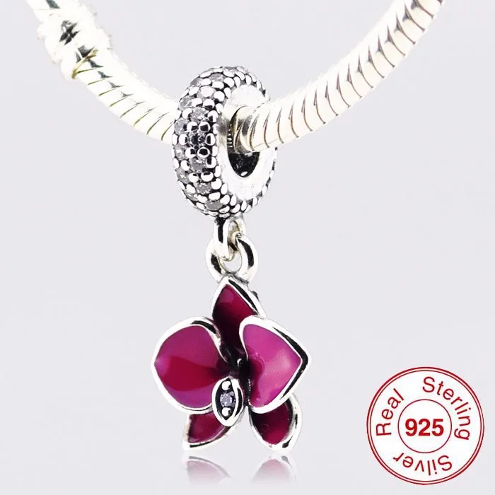 QANDOCCI подходит для браслетов Pandora Beads бусины Орхидея с фиолетовой эмалью 100% 925