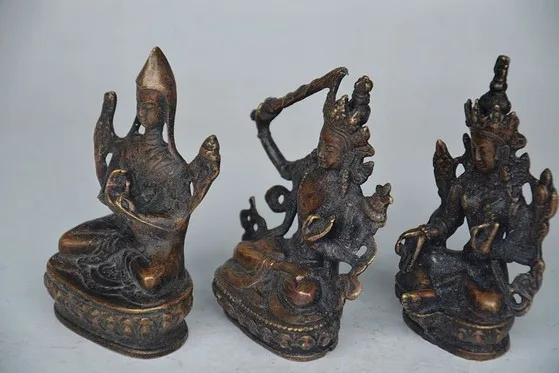YM 320 Тибетский буддизм старой бронзы ручной работы резная 3 статуя Будды |