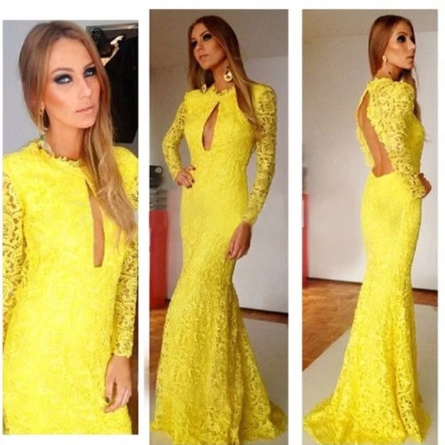 2017 Сексуальная Элегантный Спинки Желтый Кружева Русалка Пром Платья Полный Рукава Вечернее Платье