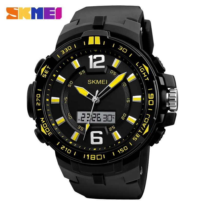 yellow SKMEI мужские спортивные часы с большим циферблатом водонепроницаемые Chrono повседневные кварцевые часы с двойным дисплеем наручные часы Мужские часы Relogio Masculino - Цвет: yellow